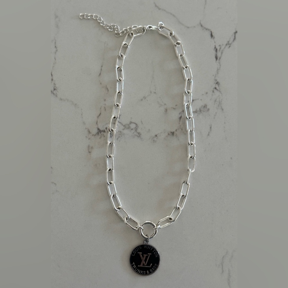 Louis Vuitton 1” Black Pendant on Allie & Bess 16”-19” Silver Paperclip necklace - Picture 1 of 4